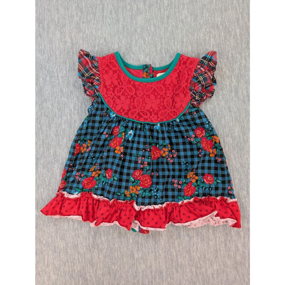 Matilda Jane Dress Girls 2 Red Plaid Floral Lace Gingham Ruffle Hem Cottagecore